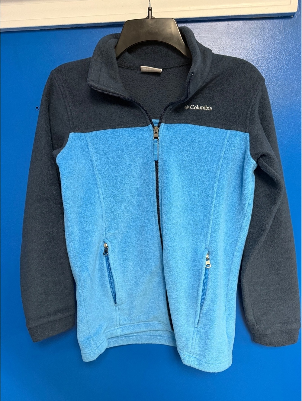 Columbia Womens Large Two Tone Full Zip Fleece Jacket Blue Charcoal Grey